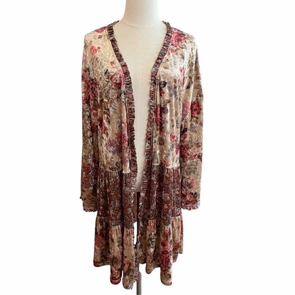 Easel Boho Fairy Velvet Tiered Floral Kimono Jacket Size S Cottage Whimsigoth
